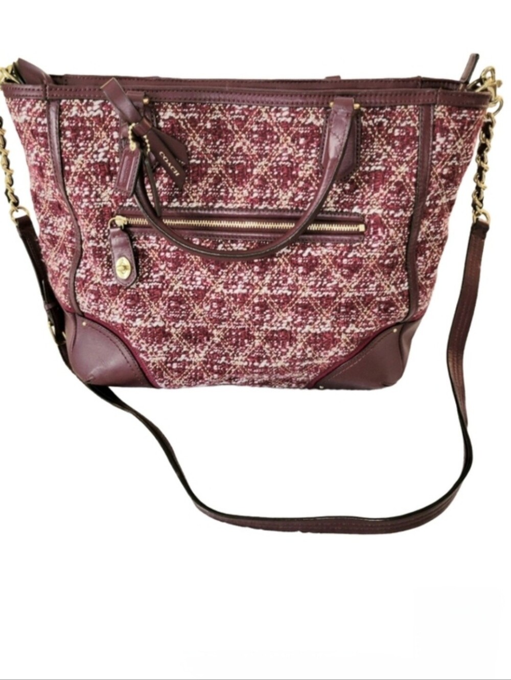 Coach Blaire Quilted Boucle "Poppy" Tote  Leather Trim  Cranberry 26416